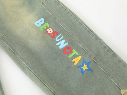 Cartoon Embroidery Wide Leg Denim Jeans WN26969