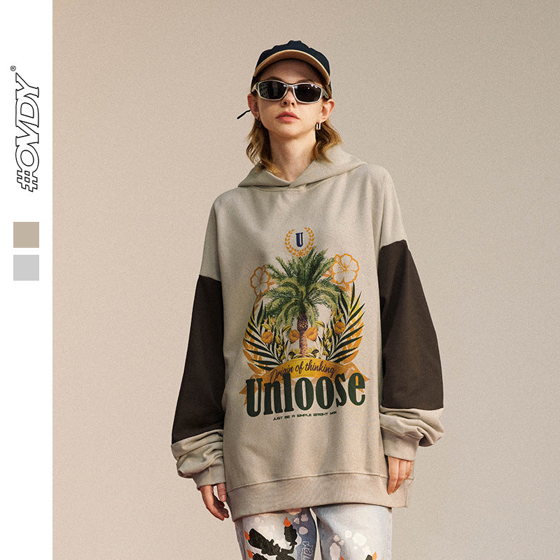 Two-Tone Graphic Print Oversize Zipper Hoodie WN12385