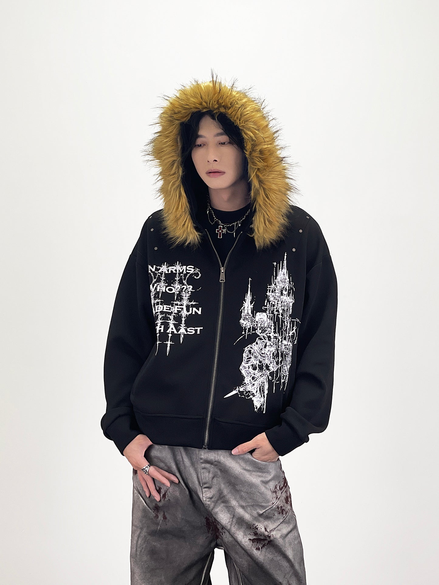 Fake Fur Collar Gothic Graphic Print Hoodie WN24283
