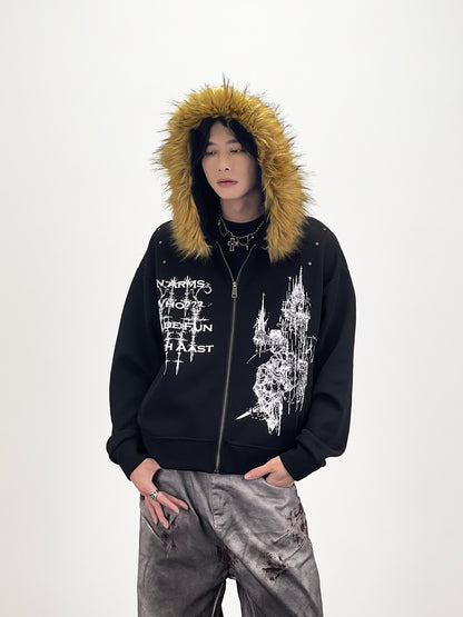 Fake Fur Collar Gothic Graphic Print Hoodie WN24283