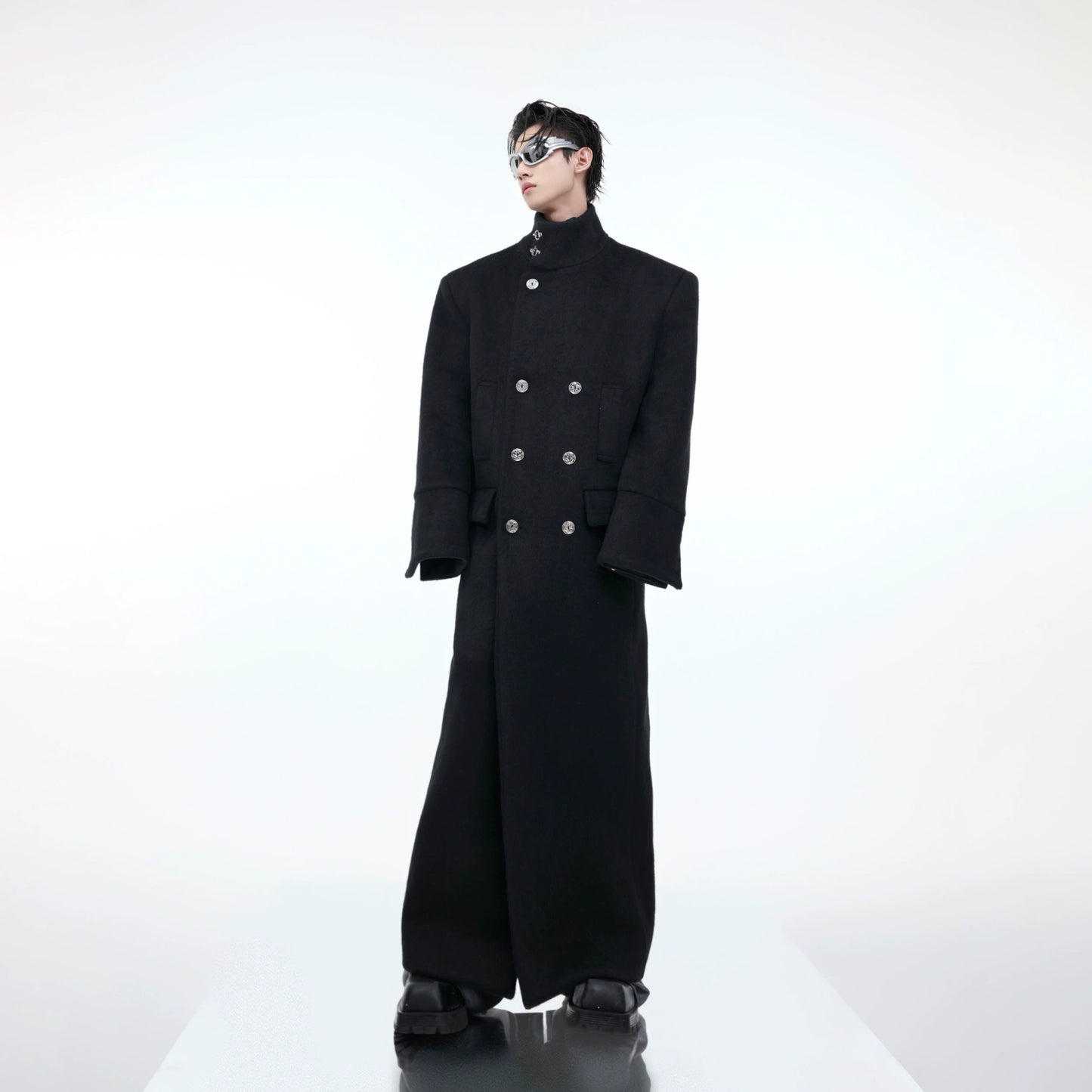 Metal Buckle High Neck Oversize Wool Blend Long Coat WN9878