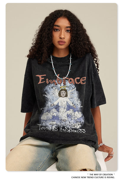 Oversize Angel Print Round Neck Short Sleeve T-Shirt WN7893