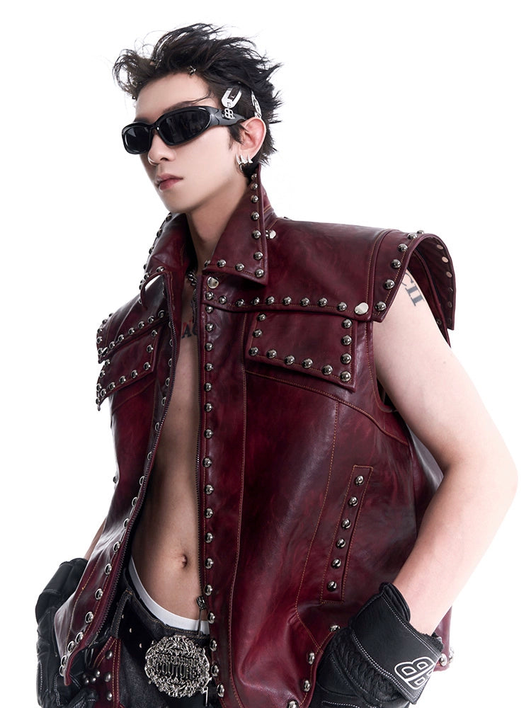 PU Leather Rivet Vest & PU Leather Wide-leg Pants Setup WN8120