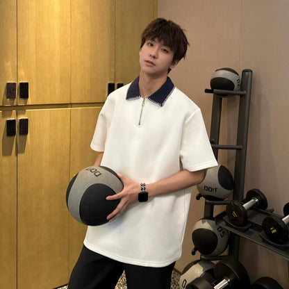 Contrast Collar Half Zip Short Sleeve Polo Shirt WN25348
