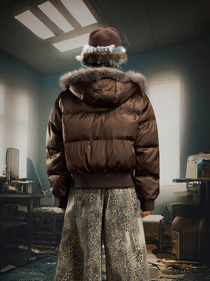 Patchwork Fur Collar Cropped Hooded Short Puffer Jacket WN22757