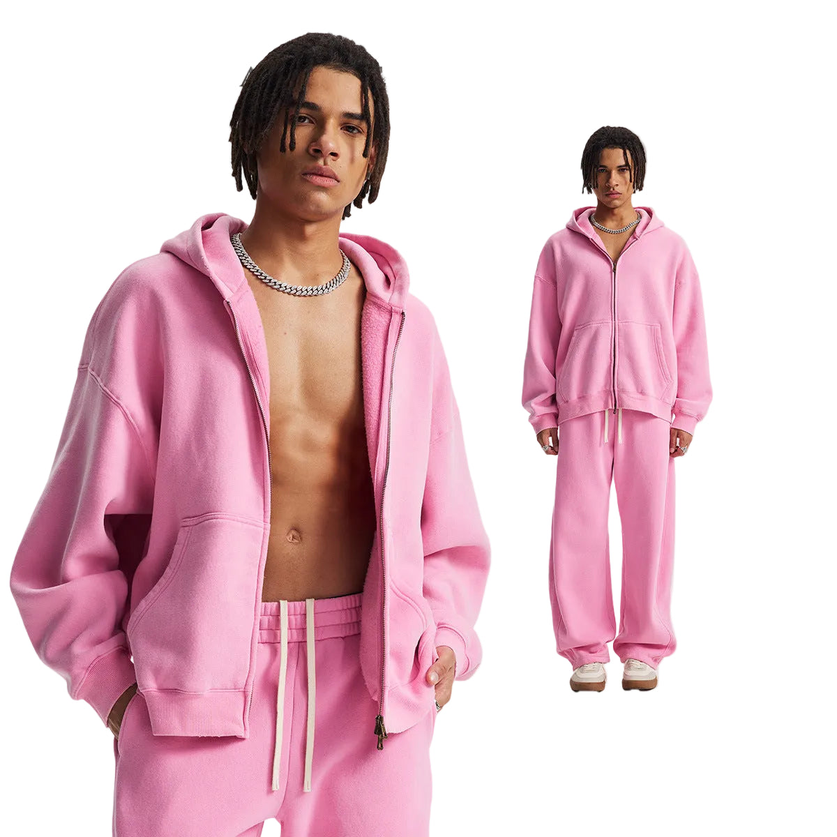 Fleece Lining Zip-Up Wax Dye Zipper Hoodie & Wide Leg Pants Sweatpants WN23112