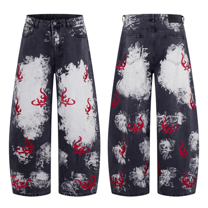 Washed Graphic Print Wide Leg Denim Jeans WN27794