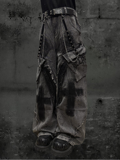Paint Damage Cargo Wide Leg Denim Jeans & Skull Belt & Belt Chain WN23824