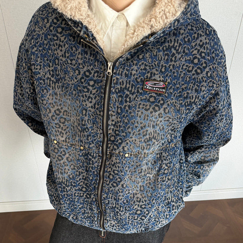 Leopard Lamb Fleece Hooded Puffer Jacket WN21931