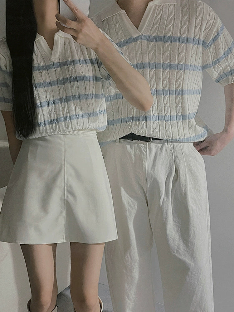 Cable Striped Collar Short Sleeve Knit Polo Shirt WN20302