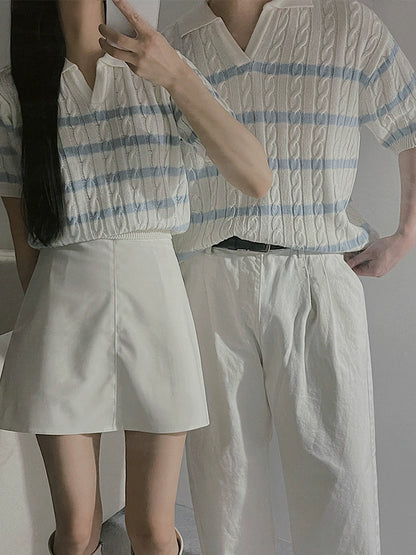 Cable Striped Collar Short Sleeve Knit Polo Shirt WN20302