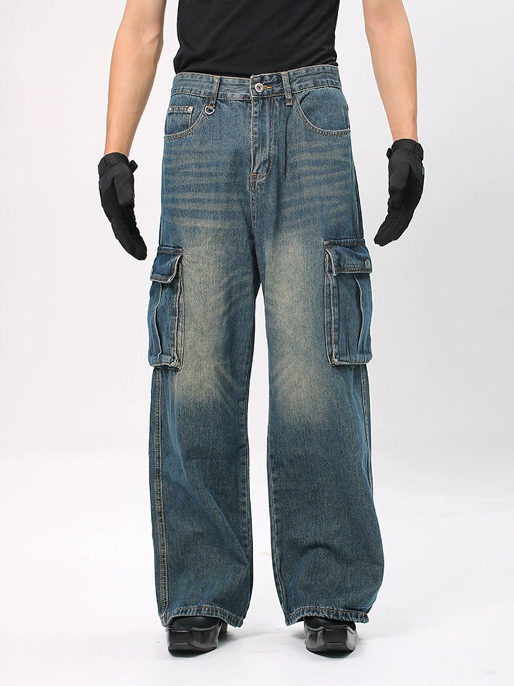 Washed Workwear Design Wide Leg Straight Denim Jeans WN18652