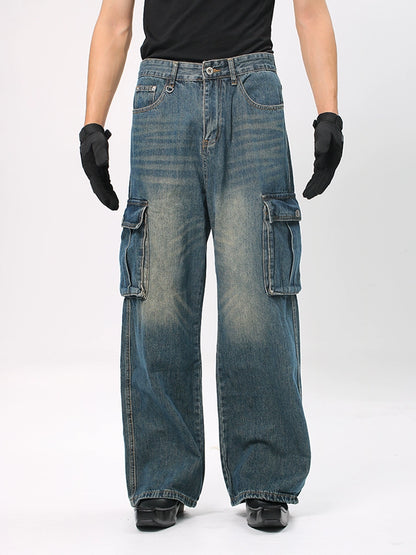 Washed Workwear Design Wide Leg Straight Denim Jeans WN18652