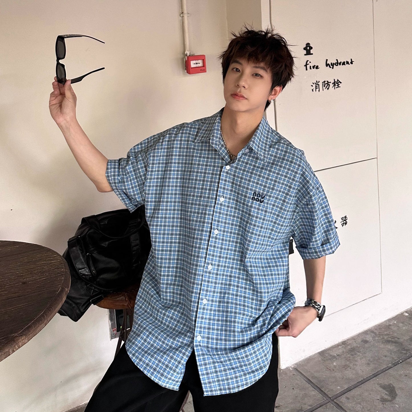 Plaid Embroidery Oversize Short Sleeve Shirt WN25229