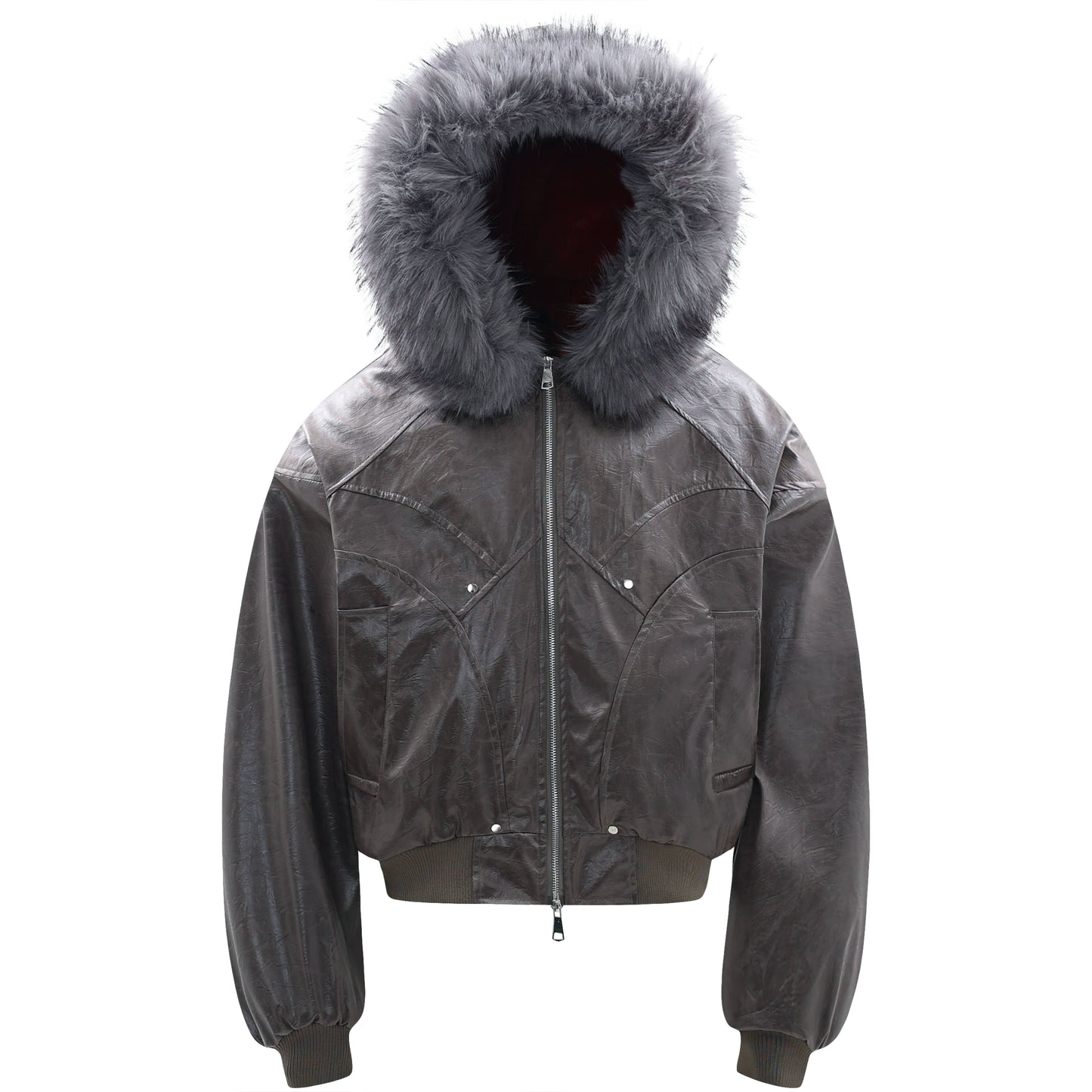 Hooded Matte PU Leather Fake Fur-Collar Jacket WN22220