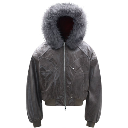 Hooded Matte PU Leather Fake Fur-Collar Jacket WN22220