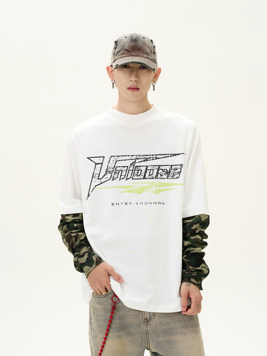 Cracked Letter Splicing Camouflage Fake Layered Long Sleeve T-shirt WN8422