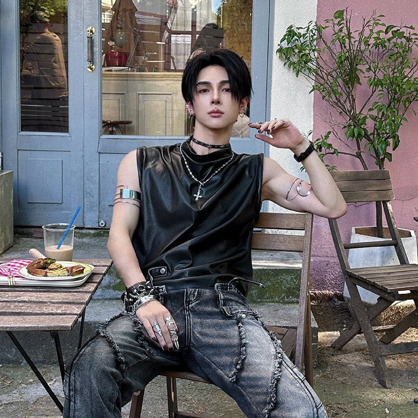 PU Leather Sleeveless T-Shirt WN25114