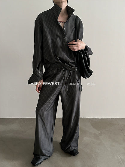 Stripe Stand-neck Shirt & Wide-Leg Straight Pants Setup WN8904