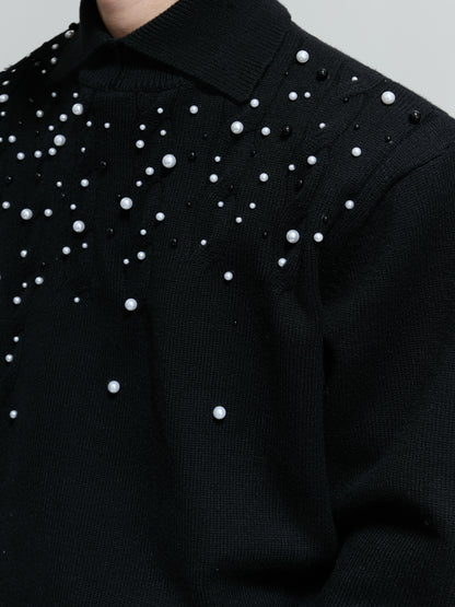 Pearl Embellished High-Neck Cable Knit Sweater WN21714