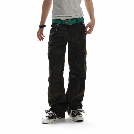 Camo Studs Detail Straight Cargo Pants WN27217