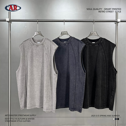 Washed Wax Dye Patchwork Raw Hem Tank Top WN16281