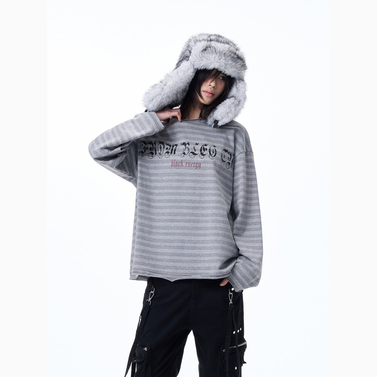Raw Hem Striped Print Oversize Long Sleeve T-Shirt WN27318