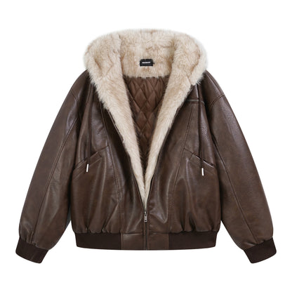 Hooded Fake Fur Lining Zip-Up PU Leather Jacket WN23081
