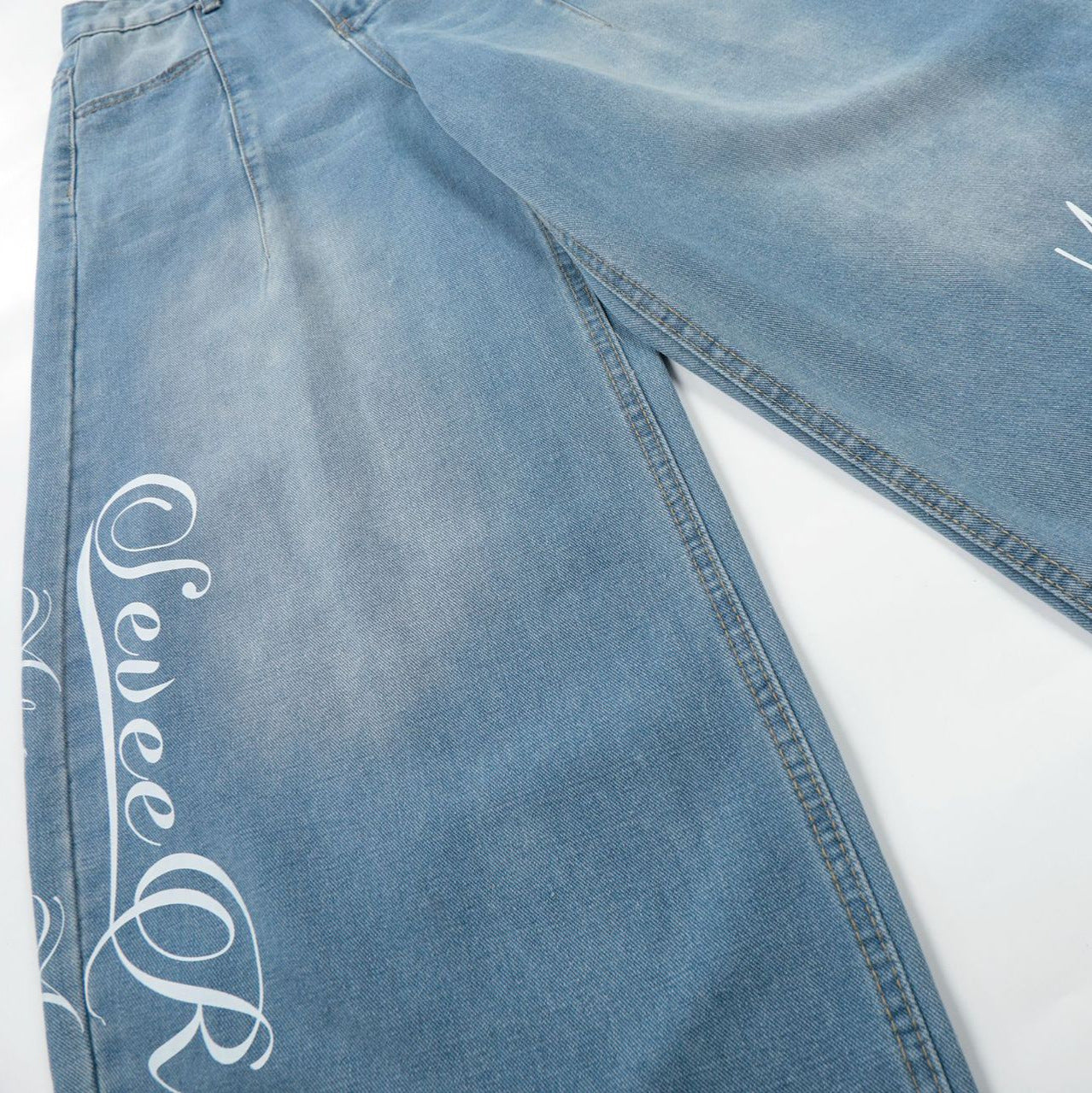 Washed Letter Print Wide Leg Denim Jeans WN25563
