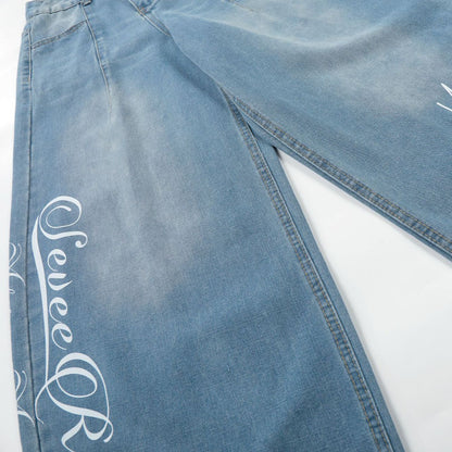 Washed Letter Print Wide Leg Denim Jeans WN25563