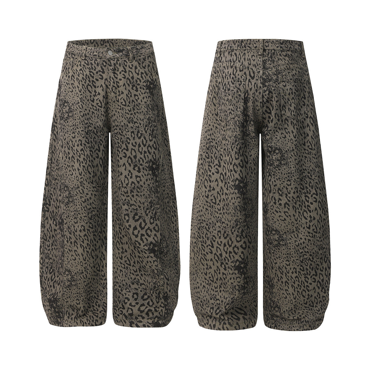 Leopard Print Curved Straight Wide Leg Denim Jeans WN25675