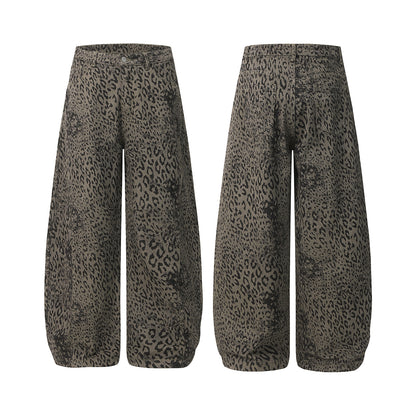 Leopard Print Curved Straight Wide Leg Denim Jeans WN25675