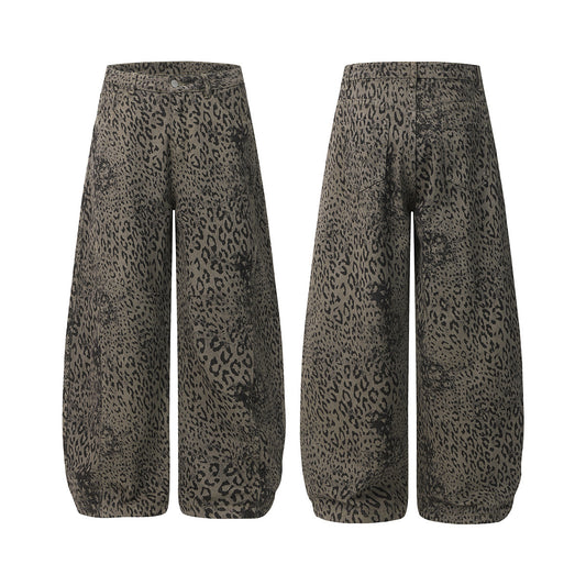 Leopard Print Curved Straight Wide Leg Denim Jeans WN25675