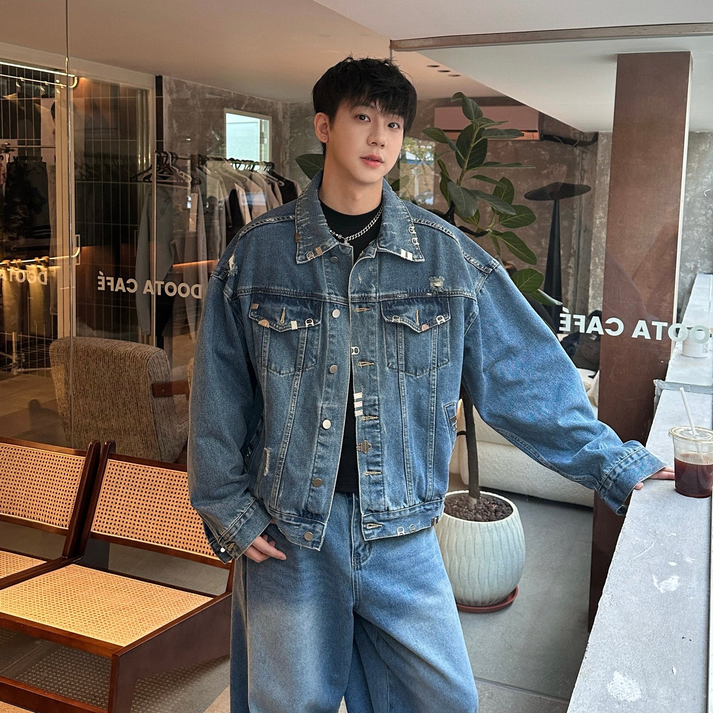 Metal Buckle Damage Denim Jacket & Wide Leg Denim Jeans Setup WN25271