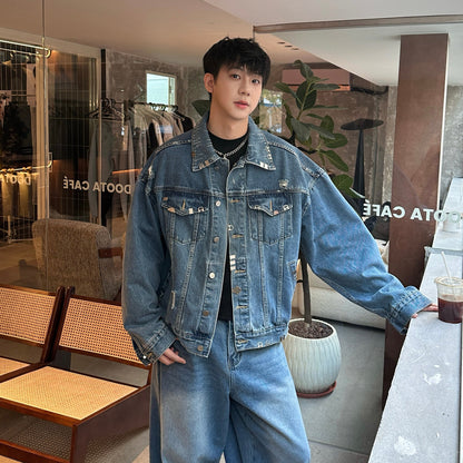 Metal Buckle Damage Denim Jacket & Wide Leg Denim Jeans Setup WN25271