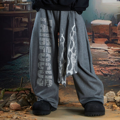 Totem Print Strap Design Wide Leg Sweatpants WN21349