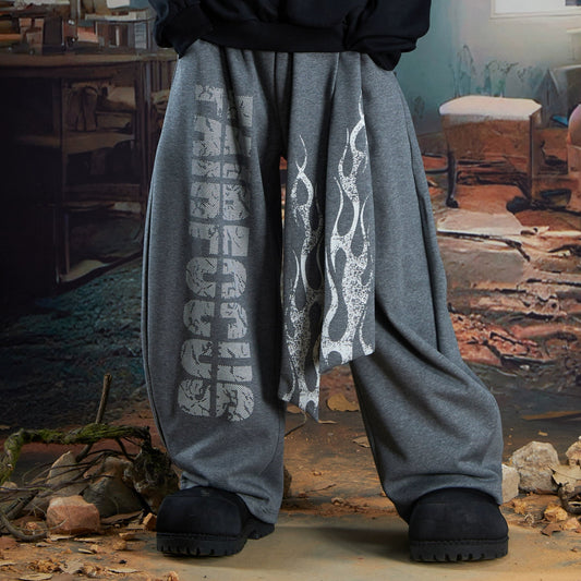 Totem Print Strap Design Wide Leg Sweatpants WN21349