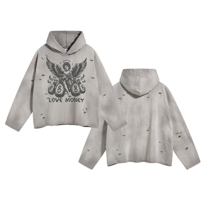 Spray Print Damage Cut-off Oversize Hoodie WN10011