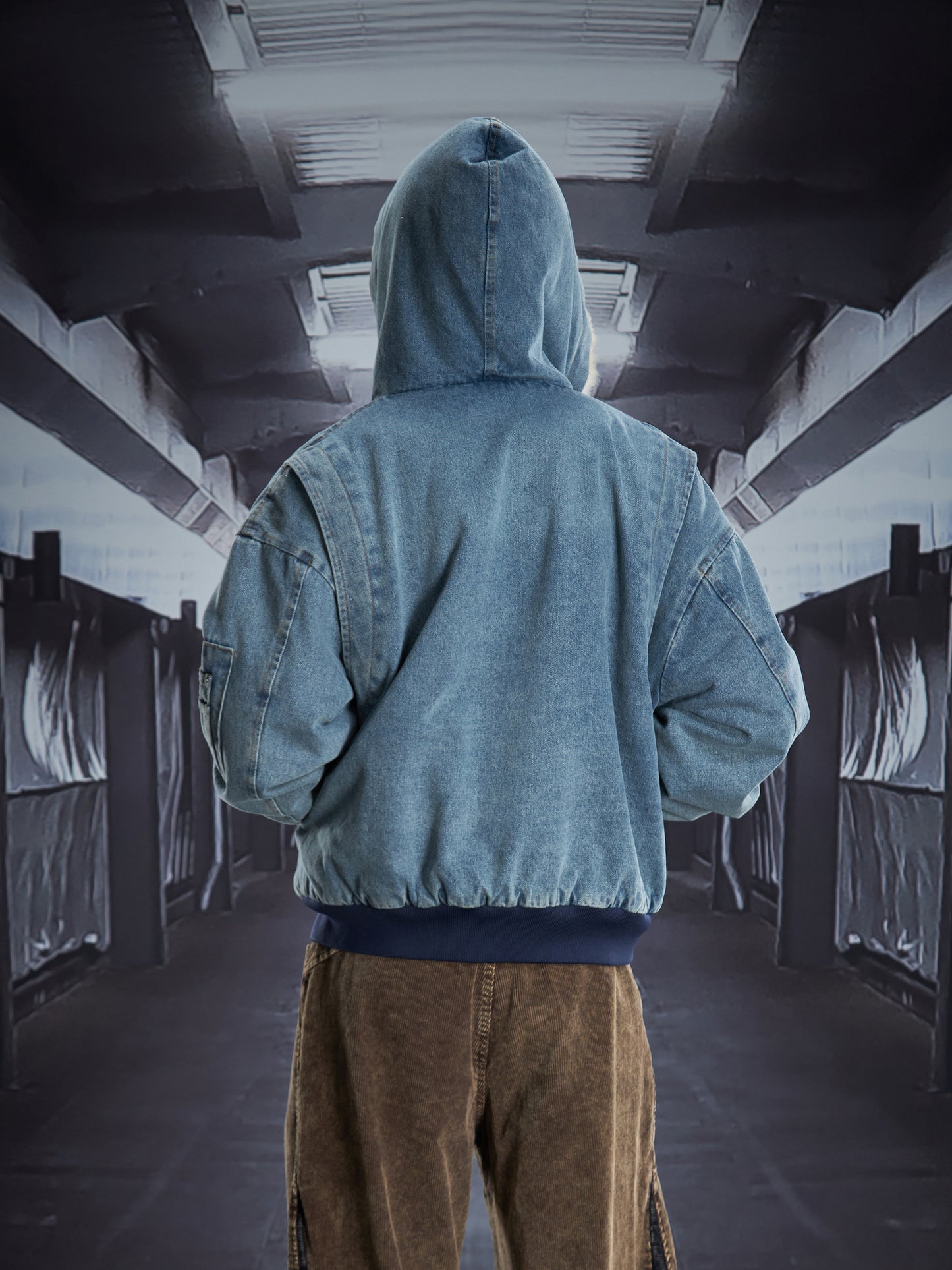 Washed Denim Leopard Fake Fur Eagle Hooded Puffer Jacket WN22835