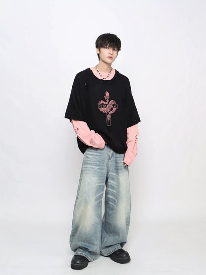 Damage Hole Fake Layered Knit Sweater WN21043
