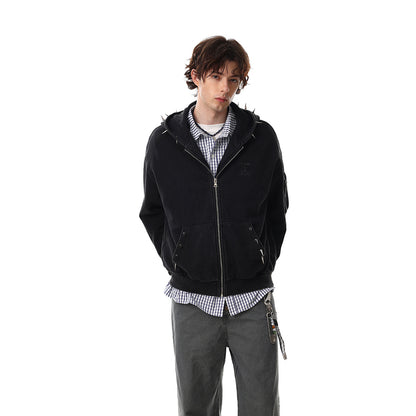 Washed Studs Zipper Hoodie WN23045