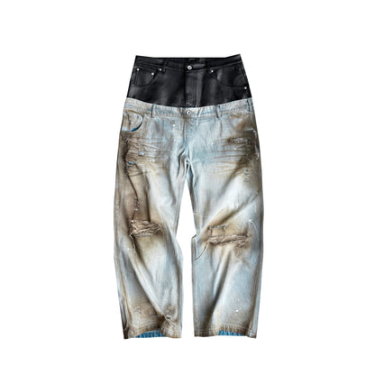 Double-Waist PU Panel Wax Damage Denim Jeans WN27057