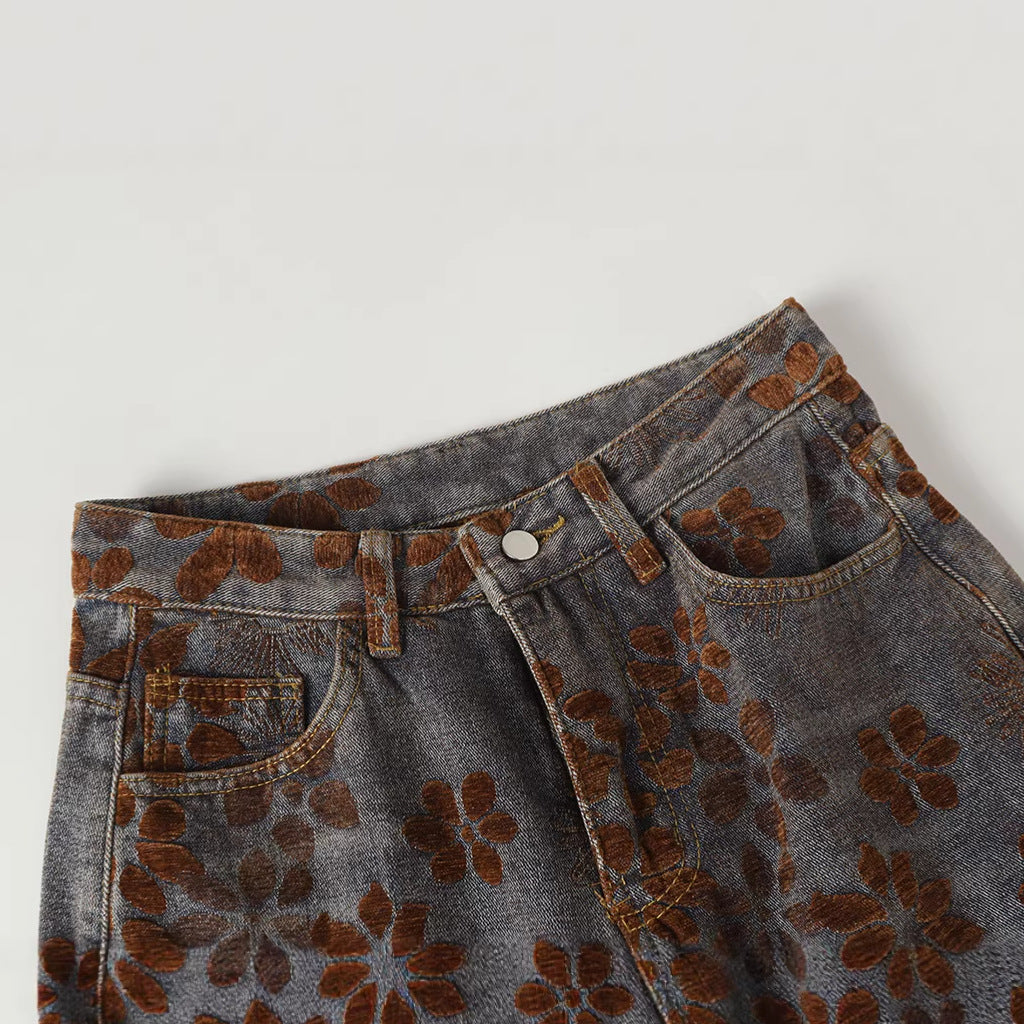 Flocked Wide Leg Curved Denim Jeans WN23031