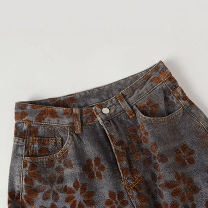 Flocked Wide Leg Curved Denim Jeans WN23031