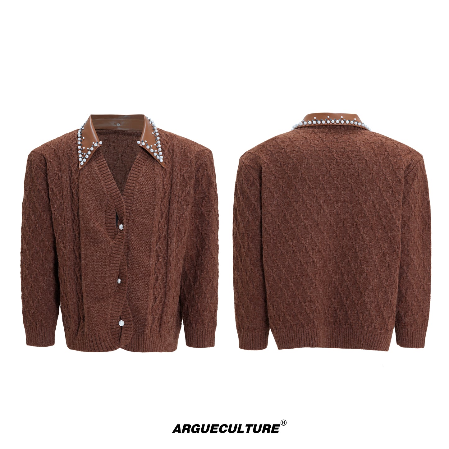 Fake Layered Pearl Embellished Lapel Thick Knit Cardigan WN21722