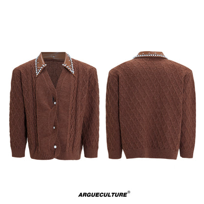 Fake Layered Pearl Embellished Lapel Thick Knit Cardigan WN21722