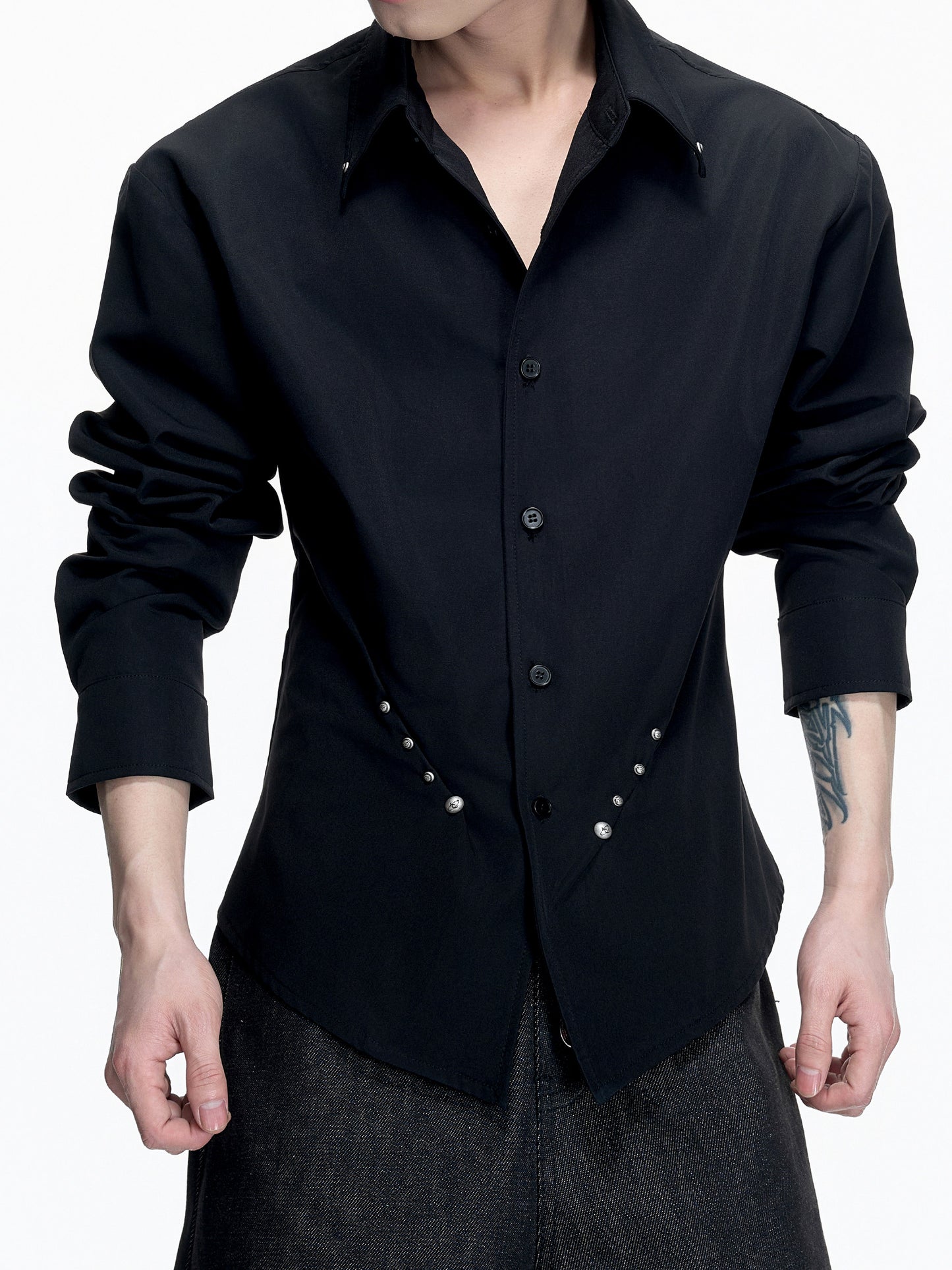 Heavyweight Rivet Waist-Cinched Puff Sleeve Long Sleeve Shirt WN23550