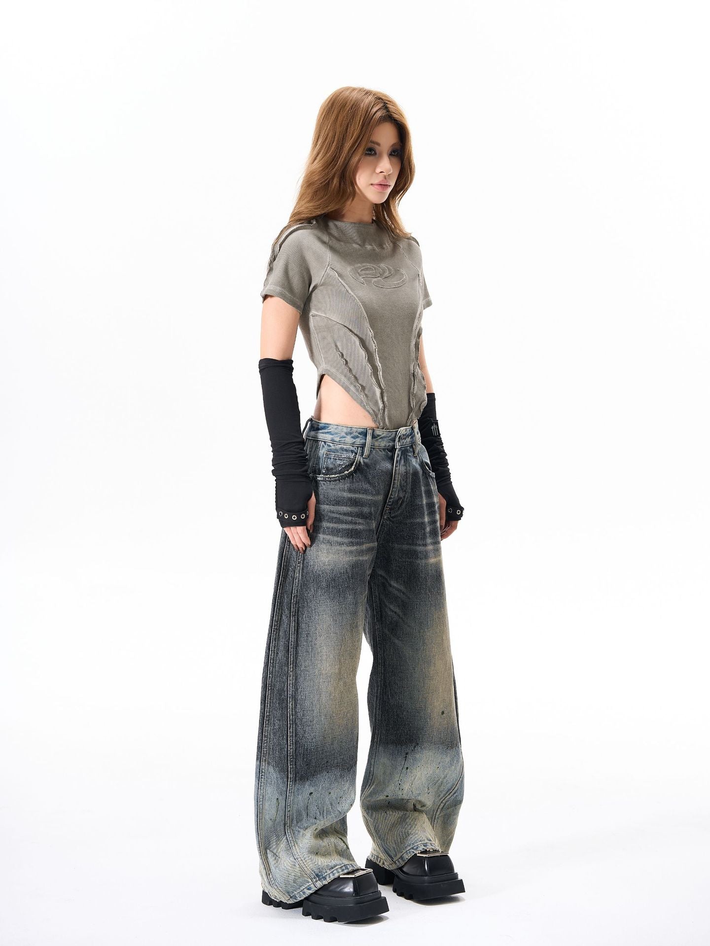 Paint Print Wide Leg Denim Jeans WN23101