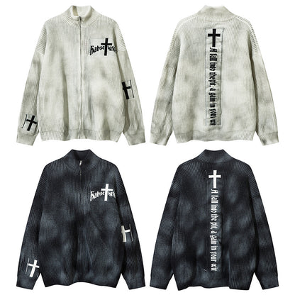 Spray-Paint Tie-Dye Cross Stand Neck Zipper Knit Cardigan WN11238