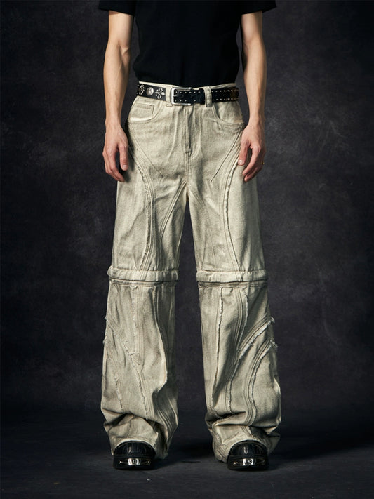 Dyed Raw Hem Detachable Wide Leg Straight Denim Jeans WN18468